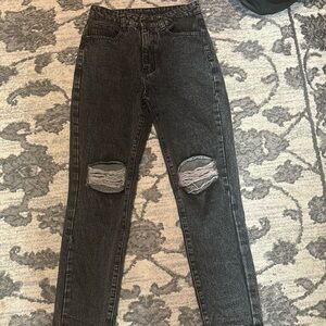 High rise straight leg black jeans with holes